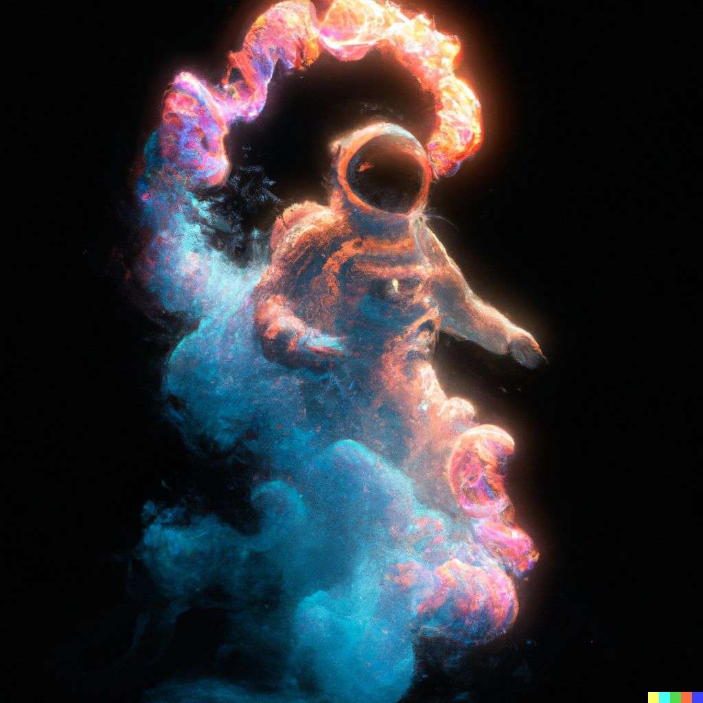 an astronaut made of very detailed curling wispy glowing multicolored smoke, digital art, volumetric, 3D render, Octane render